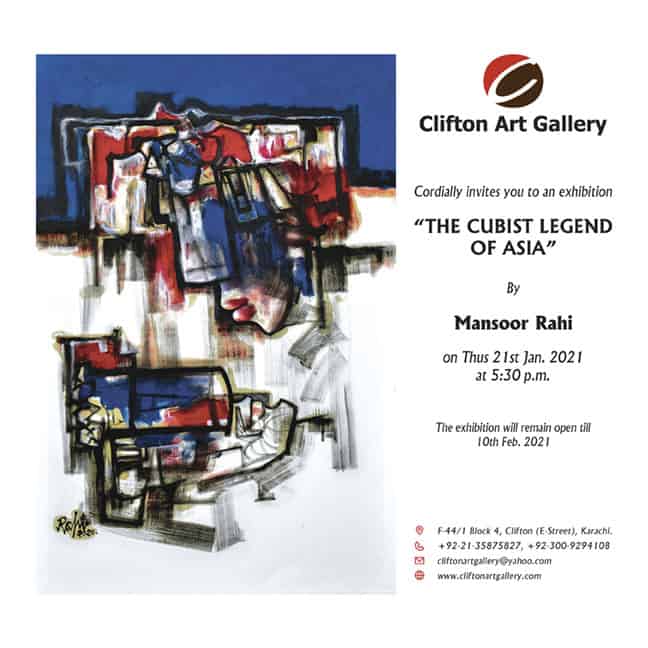 Invitation-the-cubist-legend-of-asia-artist-mansoor-rahi-exhibition-painting-21st-jan-2021-clifton-art-gallery-karachi-pakistan
